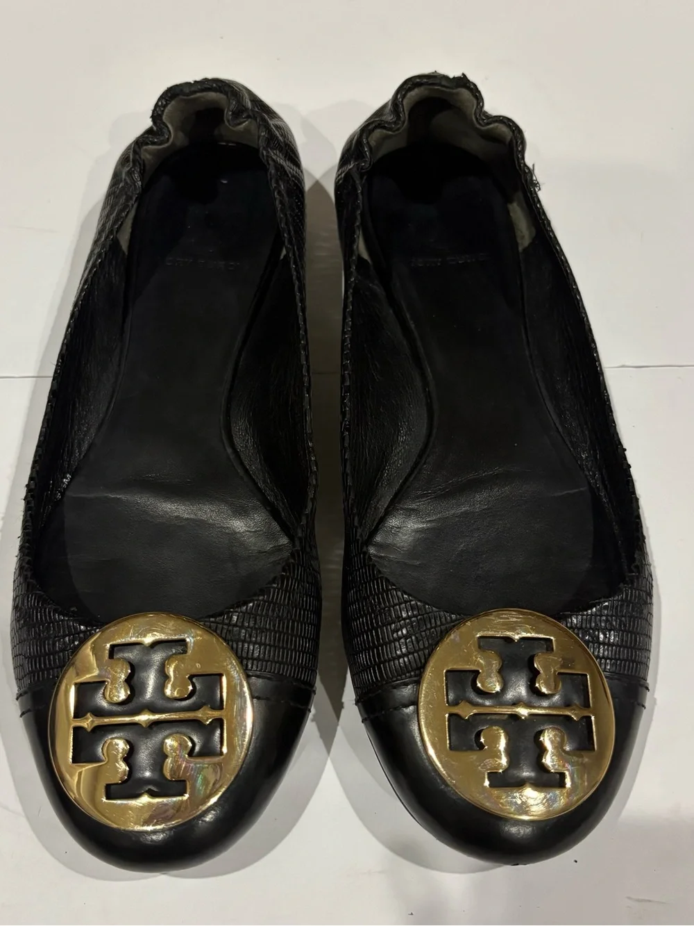 Tory Burch Black Leather Logo Cap-Toe Ballet Flats with Gold Emblem